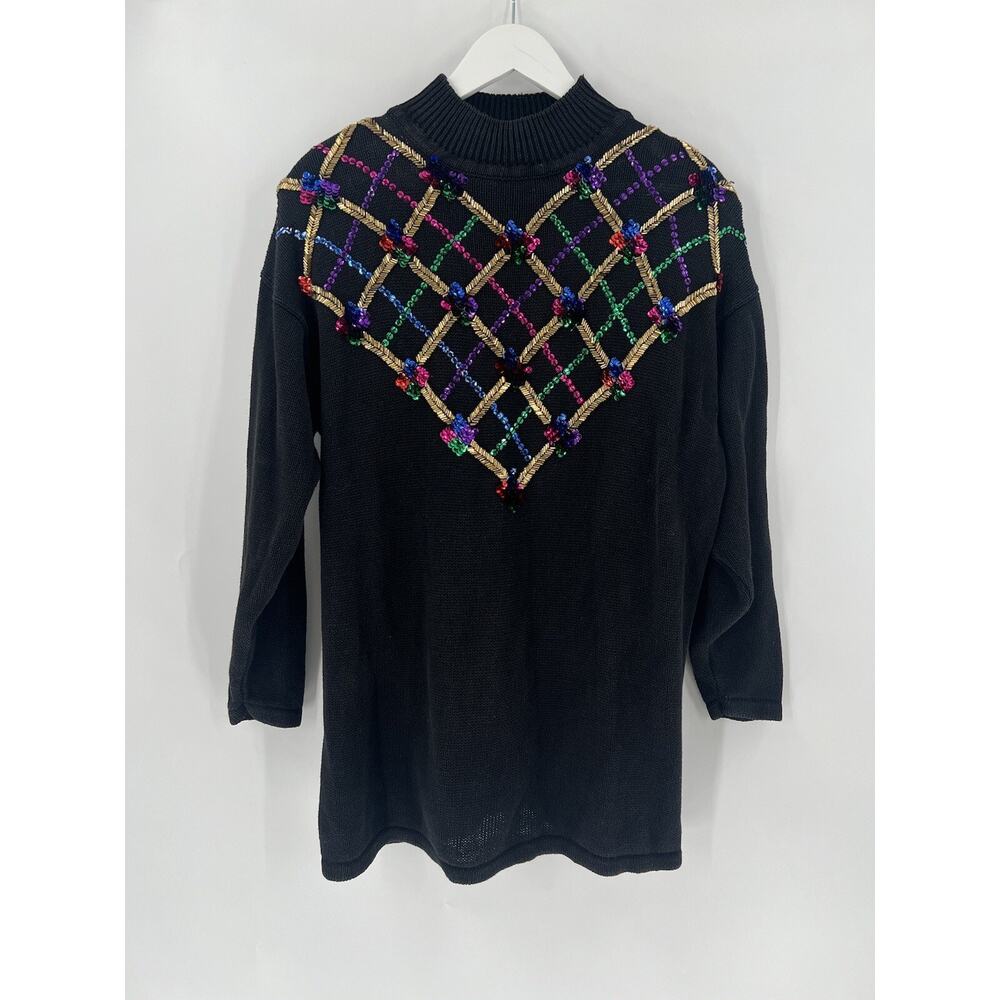 Vintage Colleens Collectibles Sweater Large Black Colorful Sequins Beaded Knit